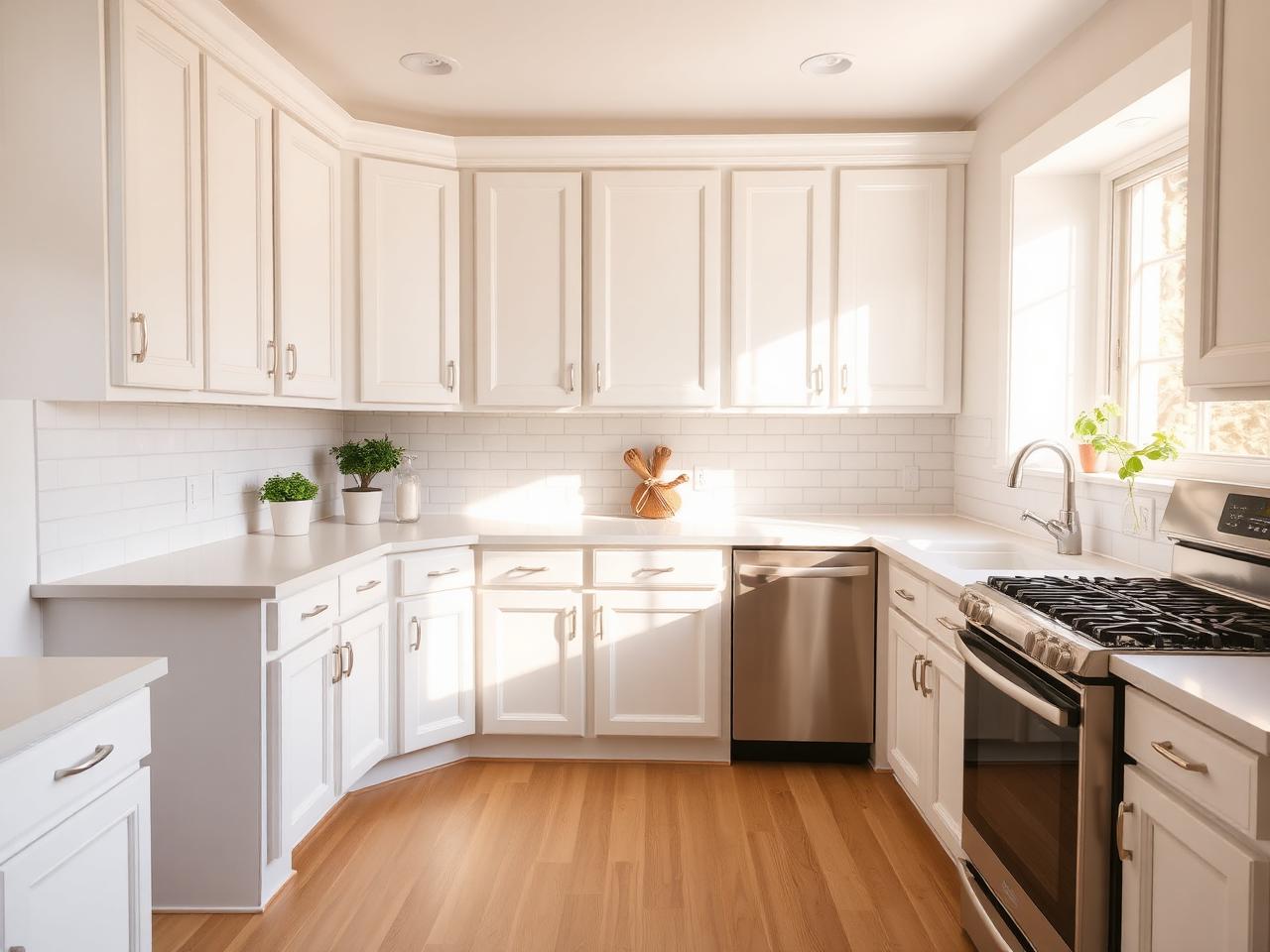 Bright white remodeled kitchen with quartz counters, after remodel