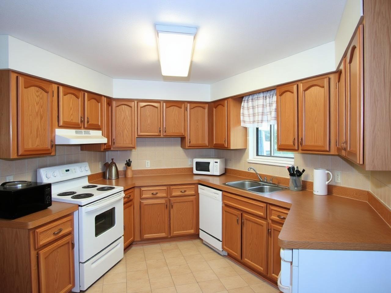 Dated 1980s kitchen with oak cabinets, before remodel