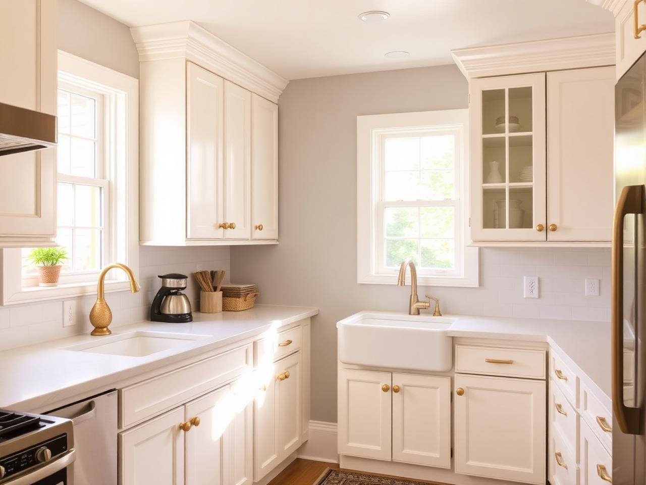 Bright remodeled kitchen with white cabinets and gold hardware