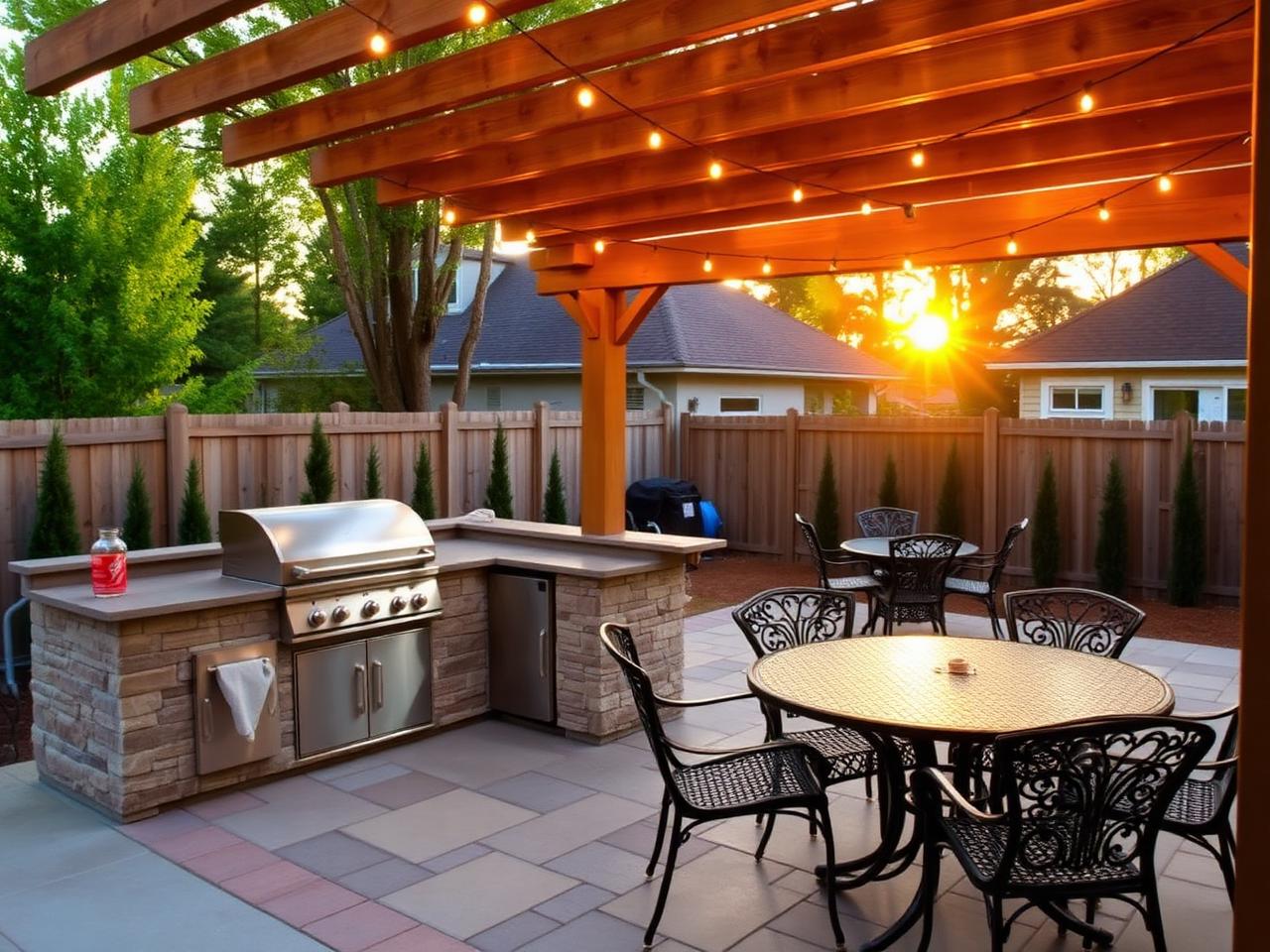 Outdoor kitchen and patio with pergola at sunset