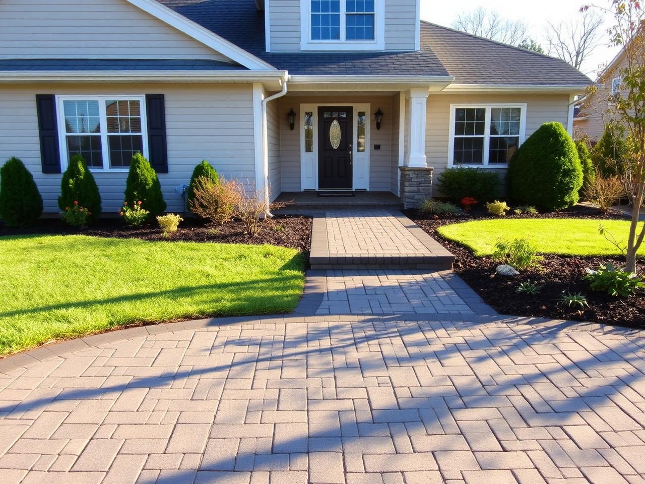New paver driveway and walkway leading to a family home